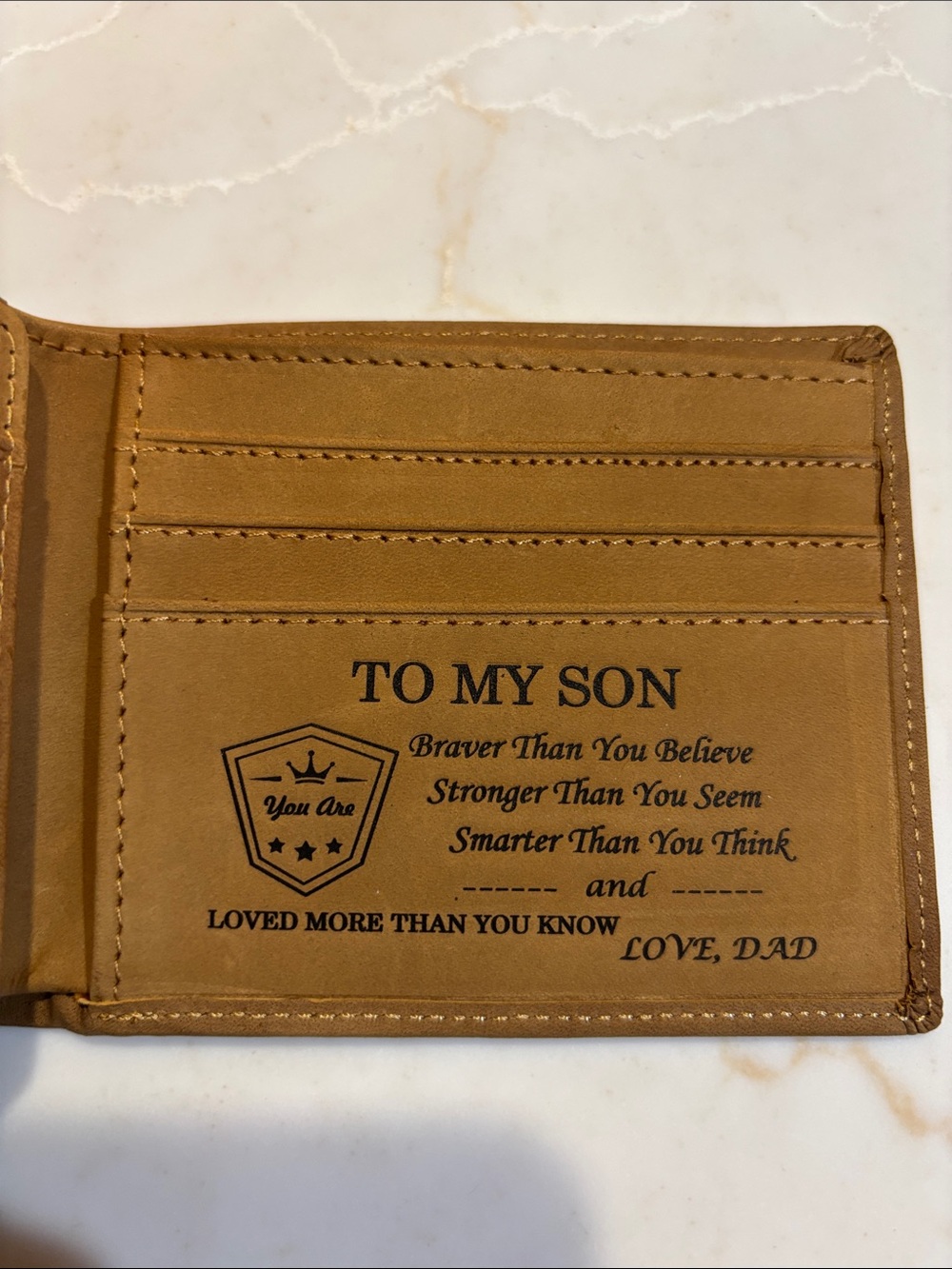 Classic Suede Men's Bifold Leather Wallet with Inscription to Son Tan with Dusty